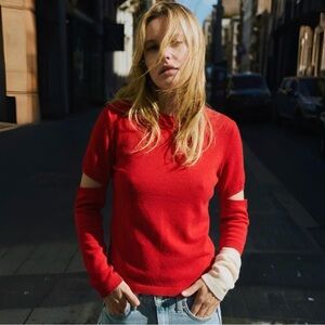 $700 RUDI GERNREICH Slit Sleeve Sweater Sz S Red and Off-White